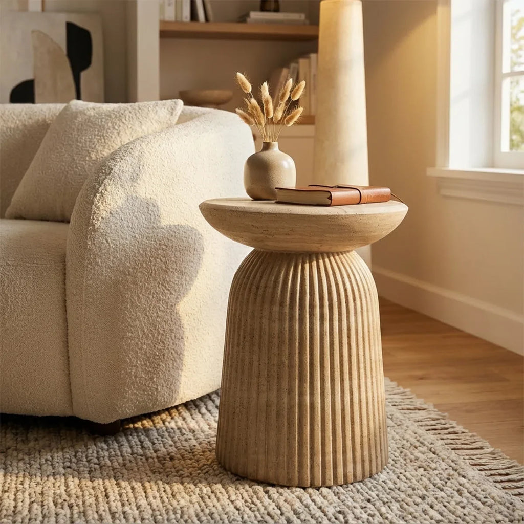 Tithi Stylish Decorative End Table with Faux Travertine Marble Effect Stone Elegant Interiors for Indoor and Outdoor Spaces