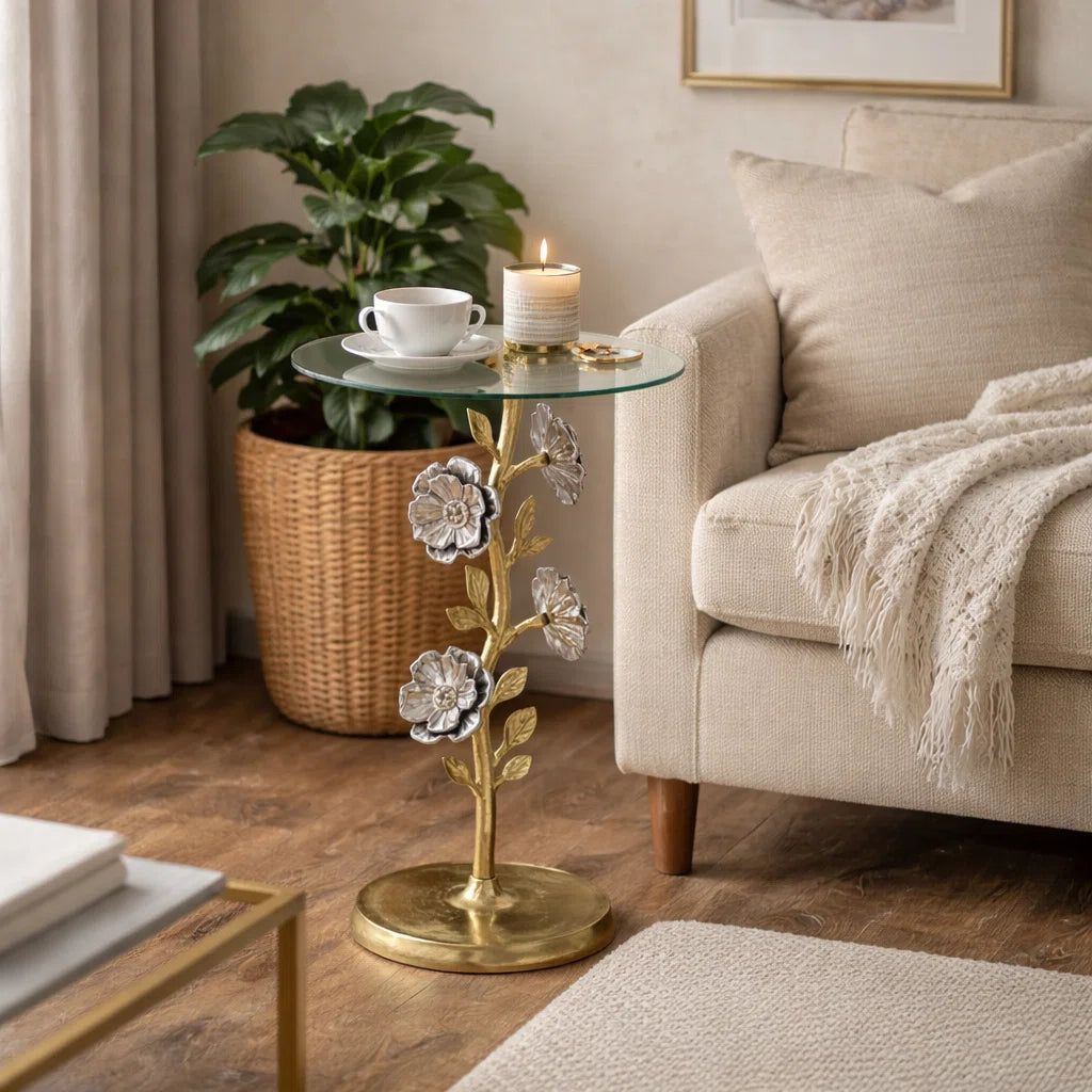 Flower Side Table with Glass Top | Decorative Sculptural End Table