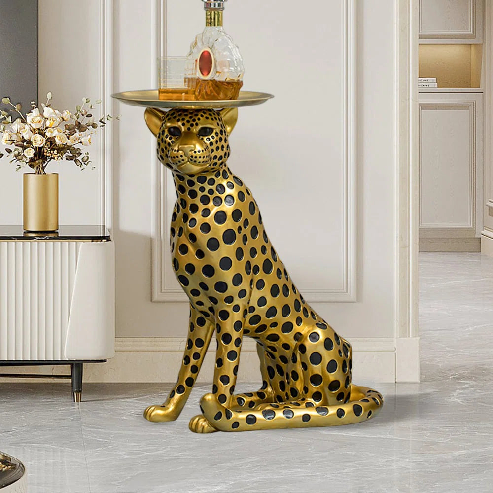 Panther Figurine Resin Art Deco Gold Side Table with Metal Tray Top