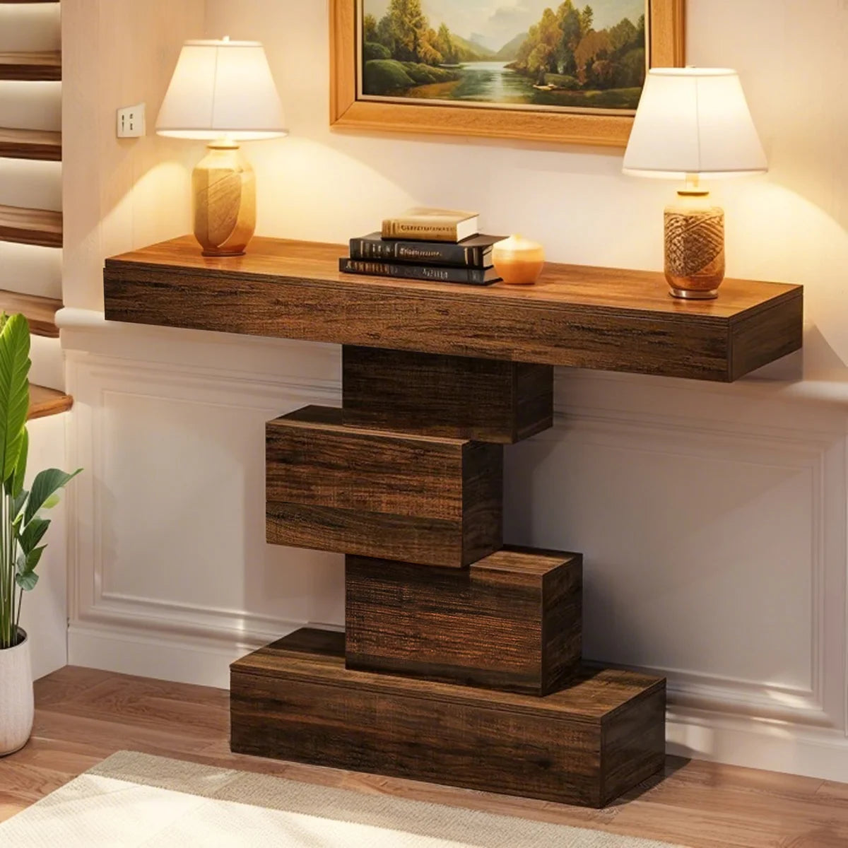 42.5" Console Table, Wood Sofa Table Accent Table with Geometric Base