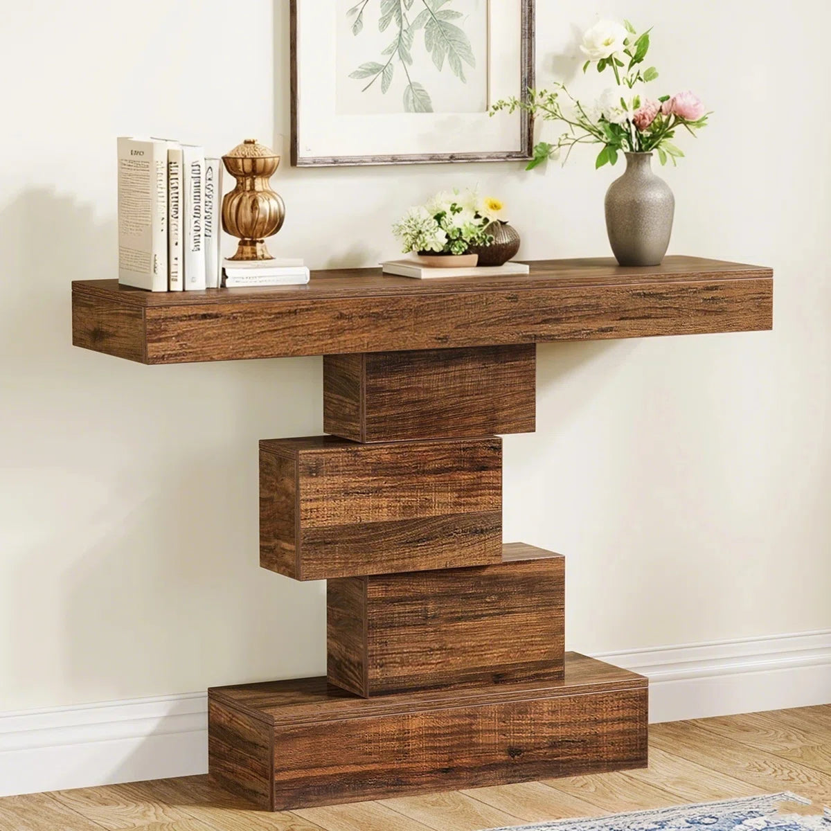 42.5" Console Table, Wood Sofa Table Accent Table with Geometric Base
