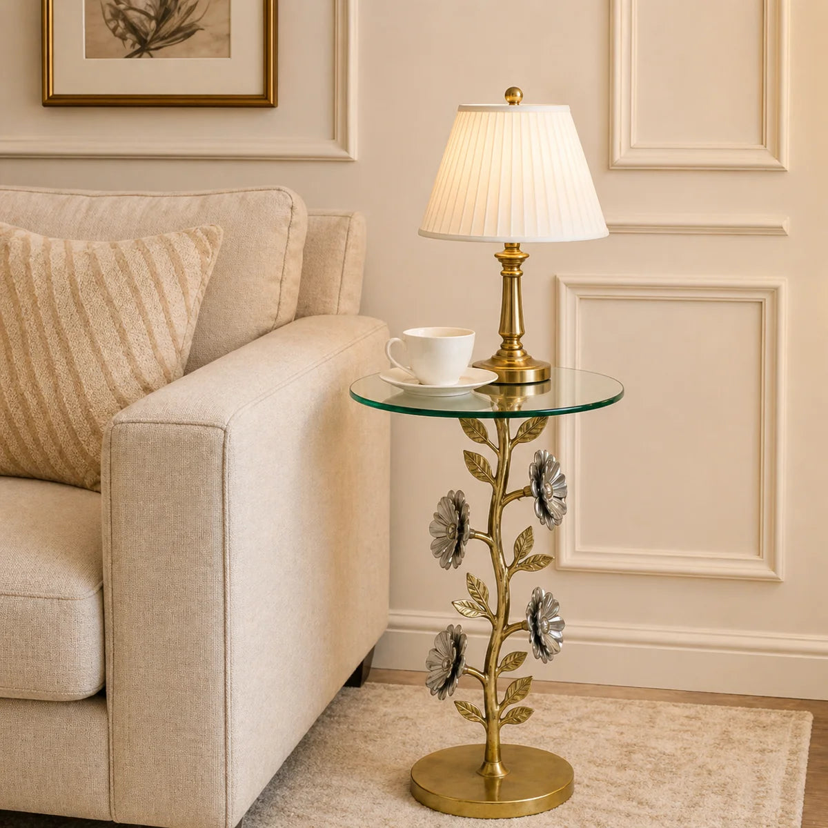 Flower Side Table with Glass Top | Decorative Sculptural End Table