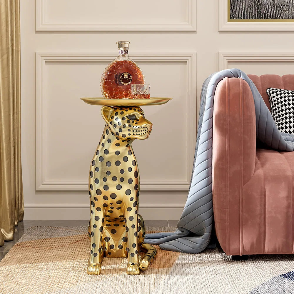 Panther Figurine Resin Art Deco Gold Side Table with Metal Tray Top