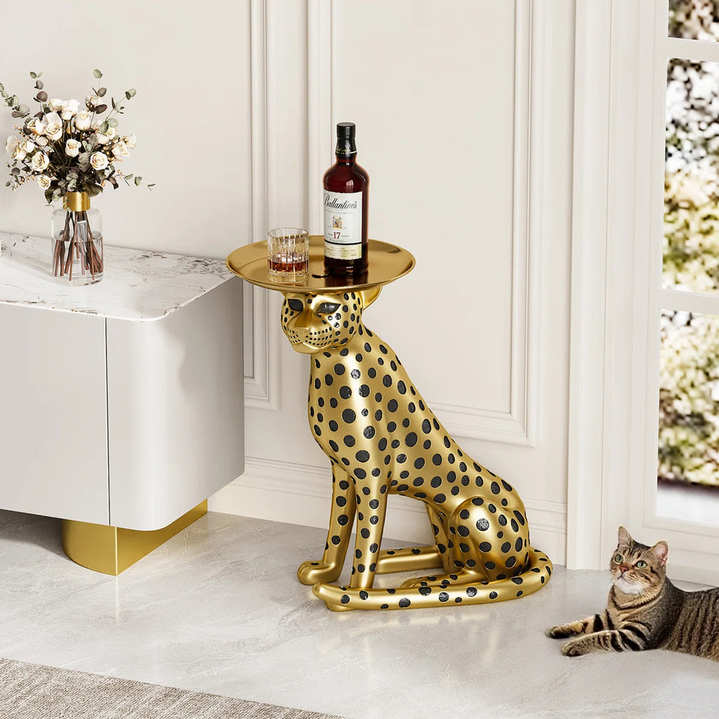 Panther Figurine Resin Art Deco Gold Side Table with Metal Tray Top
