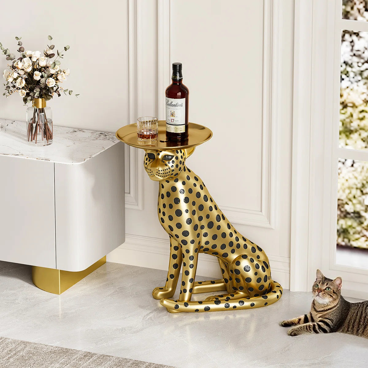 Panther Figurine Resin Art Deco Gold Side Table with Metal Tray Top