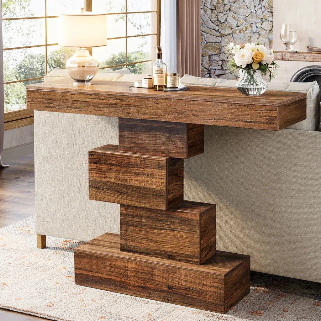 42.5" Console Table, Wood Sofa Table Accent Table with Geometric Base