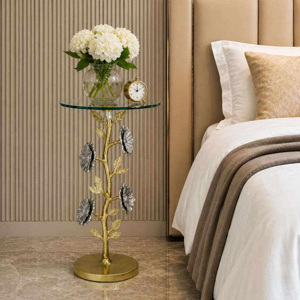 Flower Side Table with Glass Top | Decorative Sculptural End Table