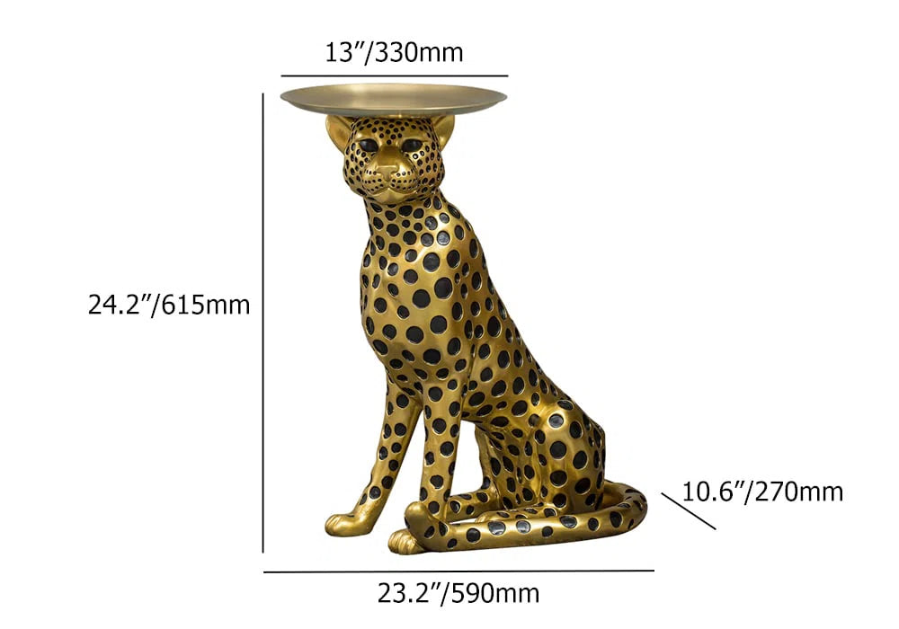 Panther Figurine Resin Art Deco Gold Side Table with Metal Tray Top