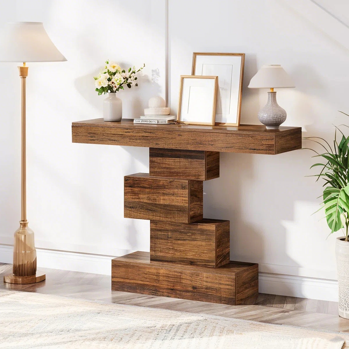42.5" Console Table, Wood Sofa Table Accent Table with Geometric Base